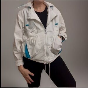 Collared 90's Street Jacket White & Teal Cinch Waist Large Pocket Women's Medium